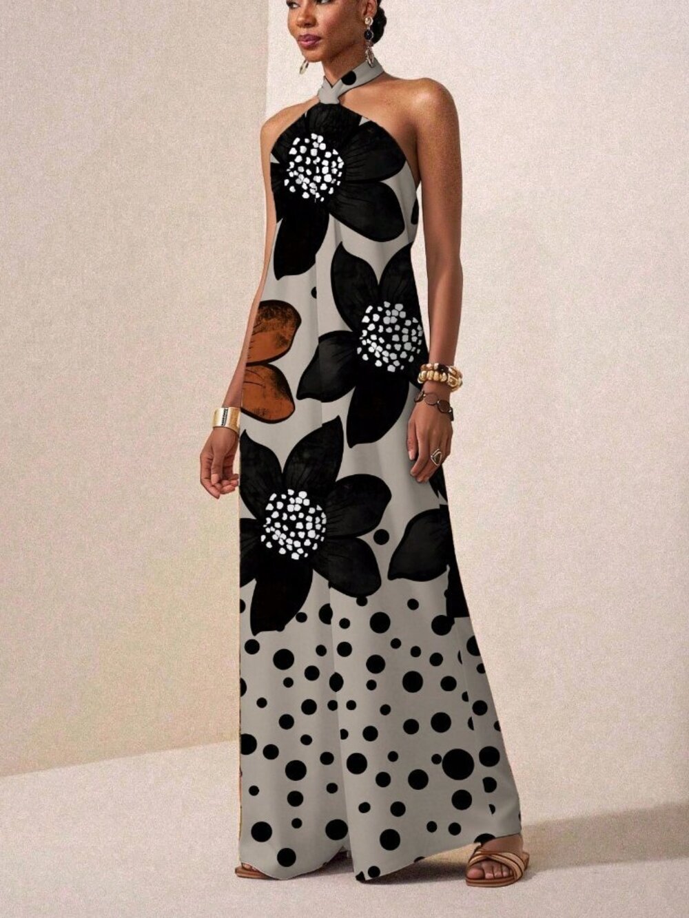 Multicolor Boho Women's Wide-Leg Halter Jumpsuit - Picture 3 of 5